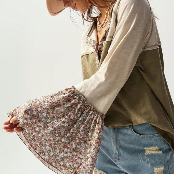 multicolor Casual Women's Boho Loose Fit flared sleeve top - Picture 6 of 8